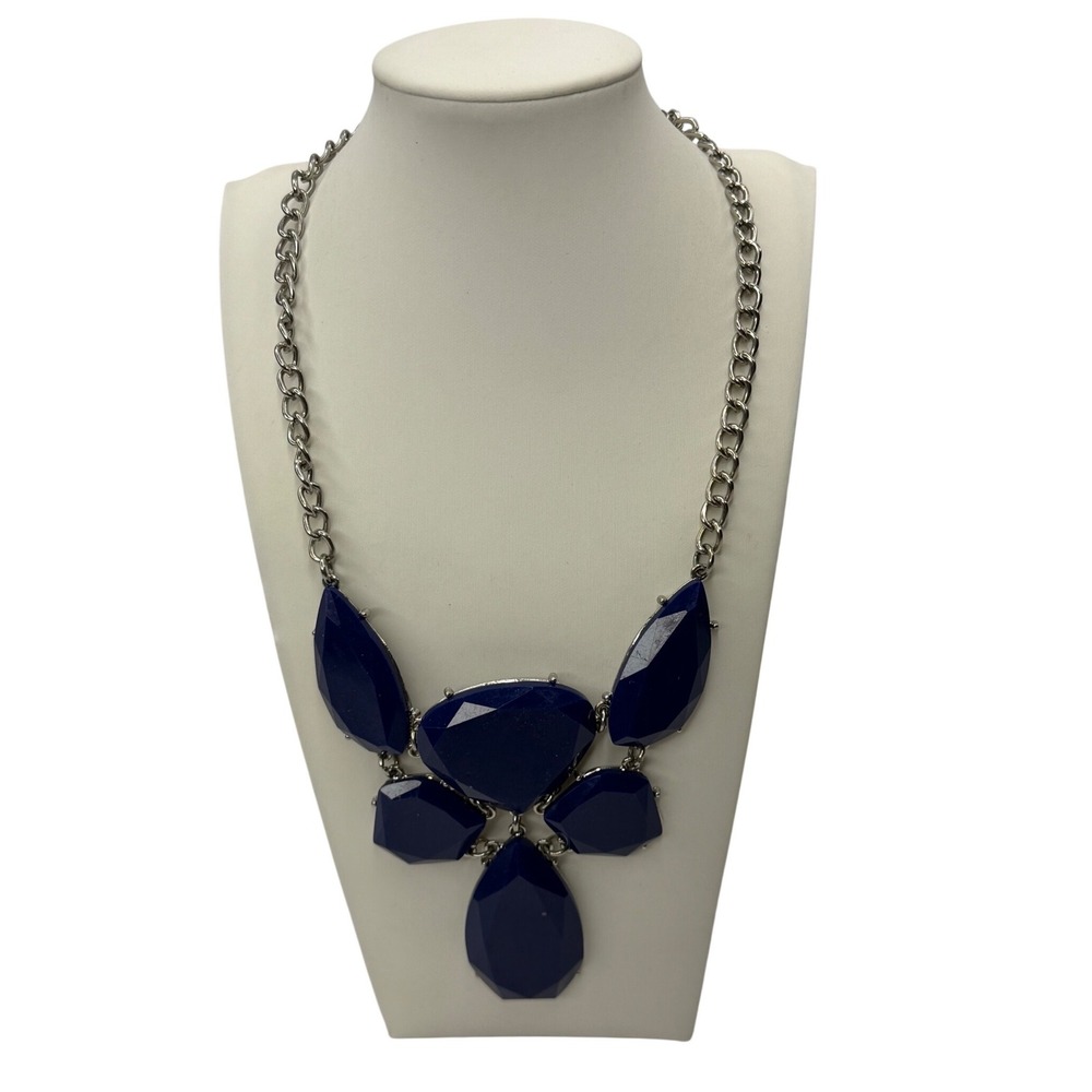 Navy Blue Statement Necklace Silver‎ Tone Chunky Faceted Resin Bib Cluster Y2K